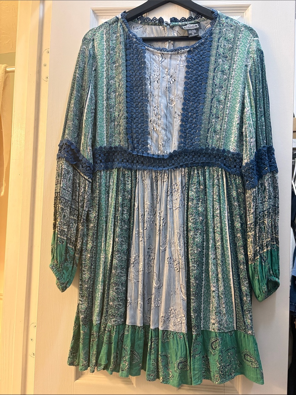 Angie Blue and Green Crochet-Trim Rayon Top